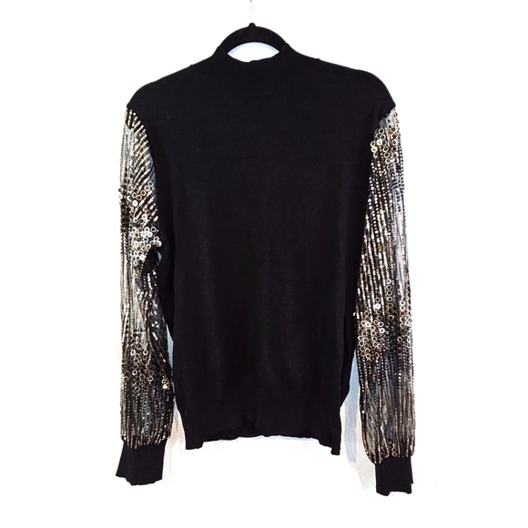 Adiva Sweaters - Adiva Size XL Black Knit Top Metallic Sequin Sheer Sleeves